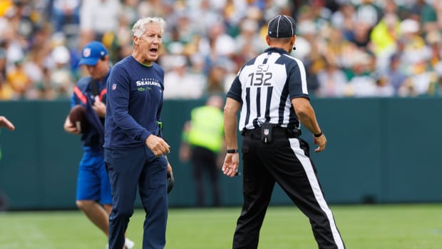 Aug 26, 2023; Green Bay, Wisconsin, USA; Seattle Seahawks head coach Pete Carroll yells towards an official during the second quarter against the Green Bay Packers at Lambeau Field. Mandatory Credit: Jeff Hanisch-USA TODAY Sports